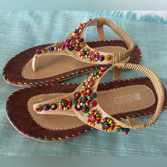 EGUO Shoes - EGUO Tan Sandals with Beaded Straps NWOT